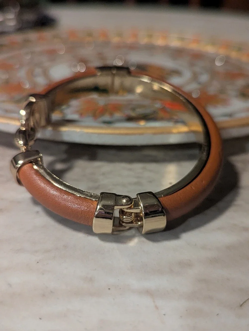Vintage Heavy 63g Gold Leather Horsebit Cuff Bangle